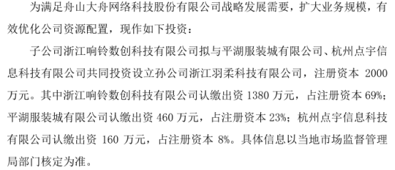 球速体育官网：大舟网络子公司浙江响铃数创科技有限公司拟投资1380万设立孙浙江羽柔科技有限 持股69%(图1)